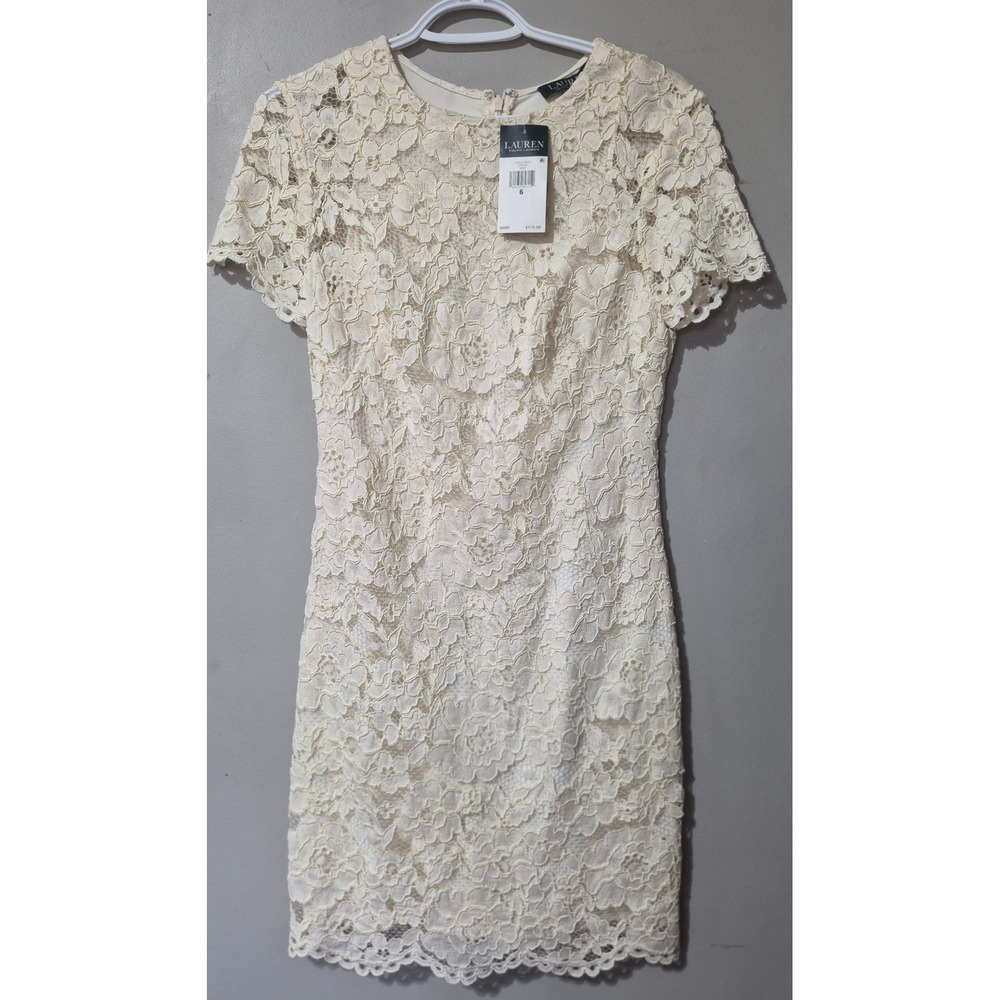 Lauren Ralph Lauren Cream Floral Lace Sheath Dress Short‎ Sleeve Sz 6 NWT